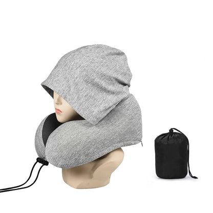 Travel Neck Pillow Hooded U Shaped Neck Cushion for Airplane Car Rest Light Gray