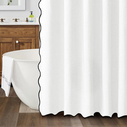 Waterproof Shower Curtain Thick Boho Wavy Edge With Rustproof Hooks-White