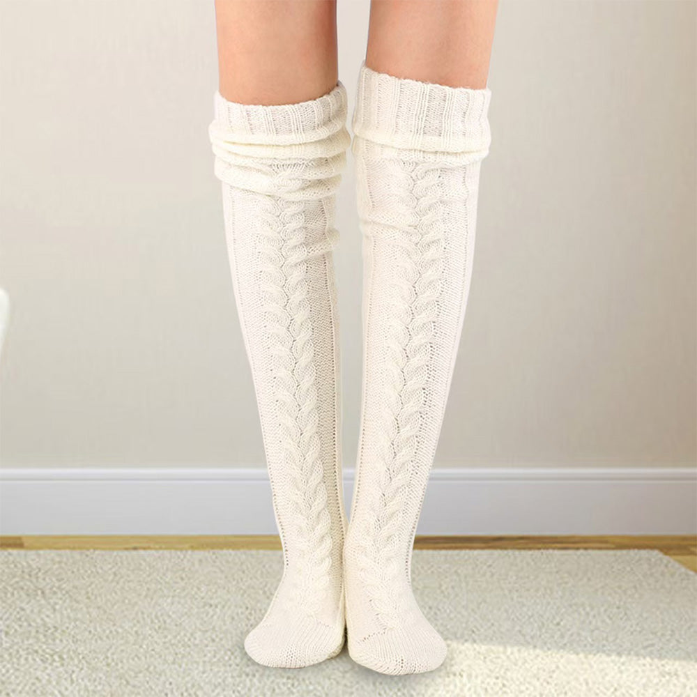 Women's Knitted Over Knee Socks Thick and Warm Long Stockings-White