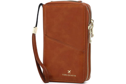 RFID Blocking Passport Wallet PU Document Organizer with Wristlet for Women -Brown