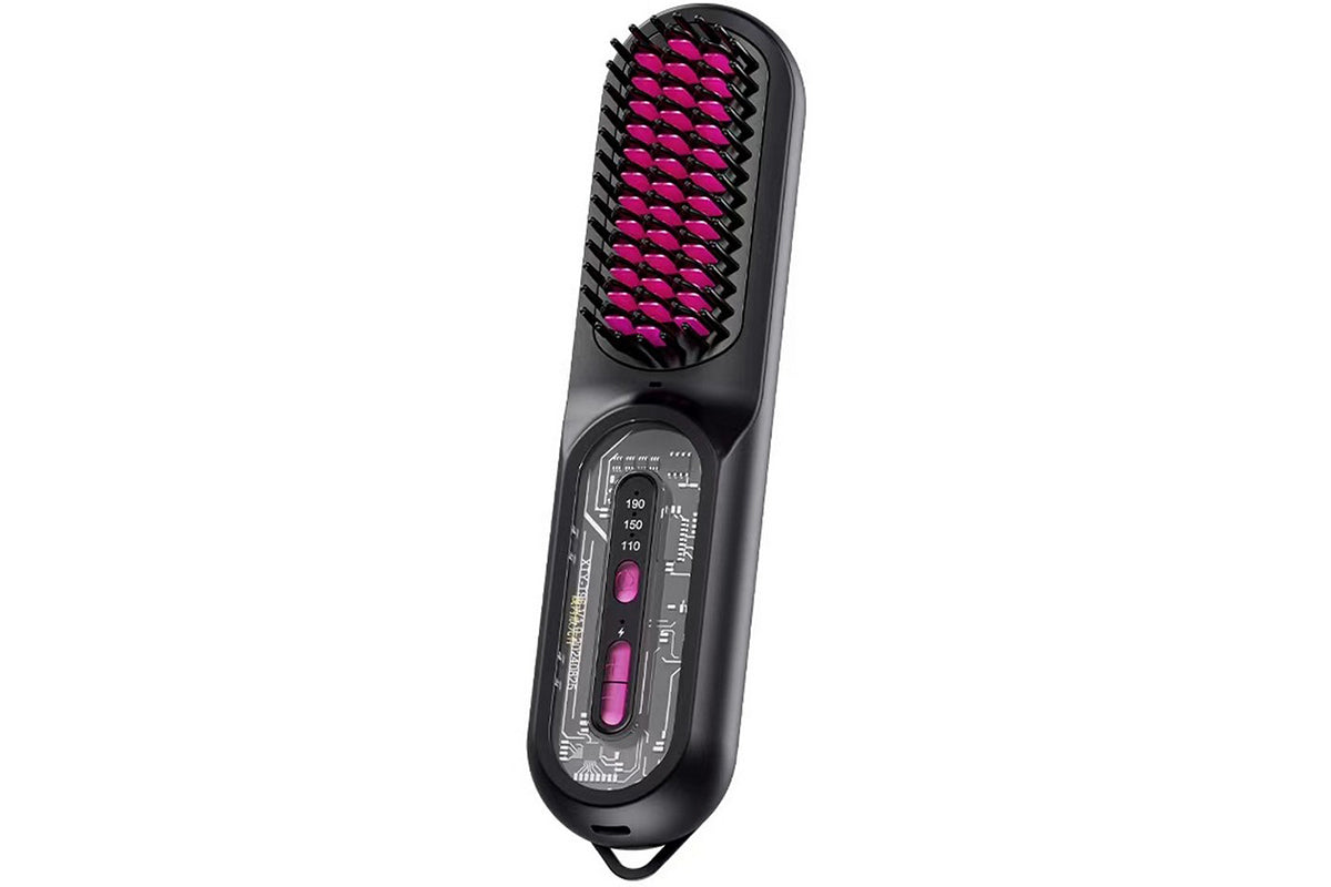 2-in-1 Ionic Hair Straightener Brush with Anti-Scald Ceramic Straightening Brush -Rose Red