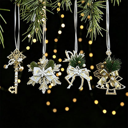 4 Piece Gold Christmas Snowflake Deer Tree and Key Hanging Ornament Set
