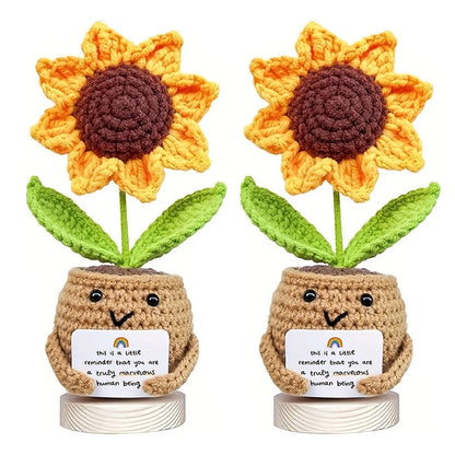 2Pcs Handcrafted Sunflower Doll Soft Acrylic Fabric Yarn Decor with Motivational Card