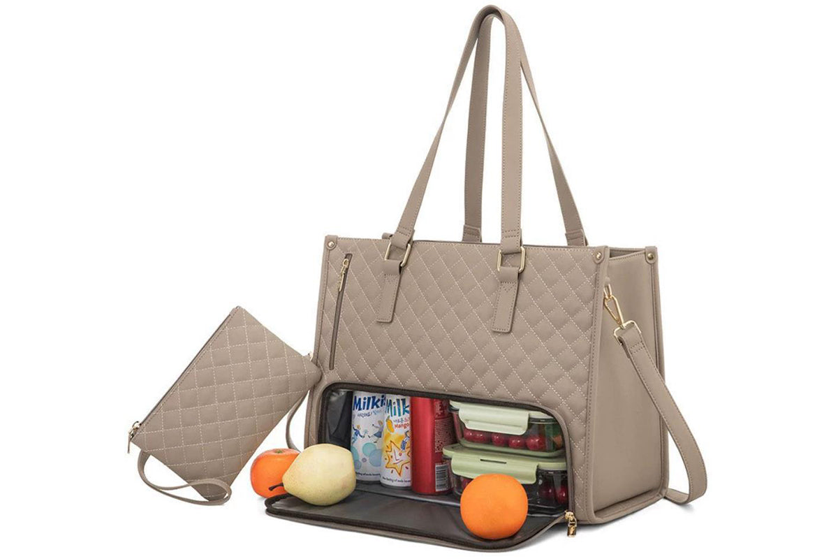 2-in-1 Tote Bag with Insulated Lunch Compartment and Wallet-Khaki