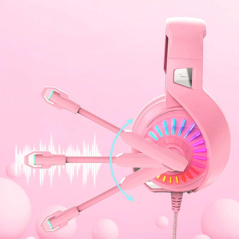 Wired Over-Ear Gaming Headset with LED RGB Lights and Mic -Pink
