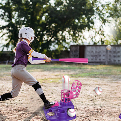 3-in-1 Tee Ball Set for Kids Retractable Baseball Batting Tee Set Pink