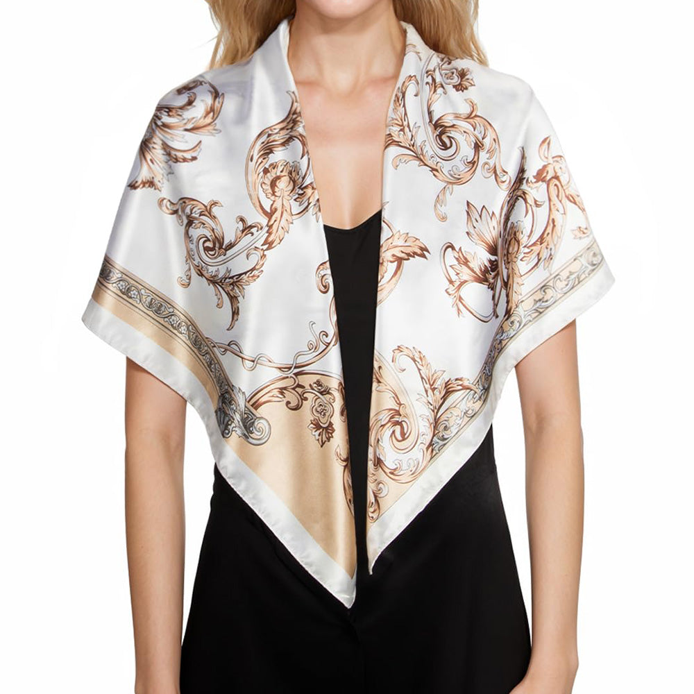 90cm Square Head Scarf Printed Satin Hair Scarf Bandanas for Women-Beige