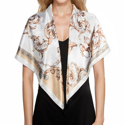 90cm Square Head Scarf Printed Satin Hair Scarf Bandanas for Women-Beige
