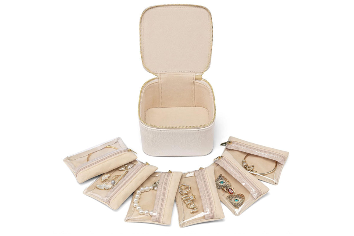 Travel Jewelry Case Small Jewelry Box with 6 Transparent Zipper Pockets-Beige