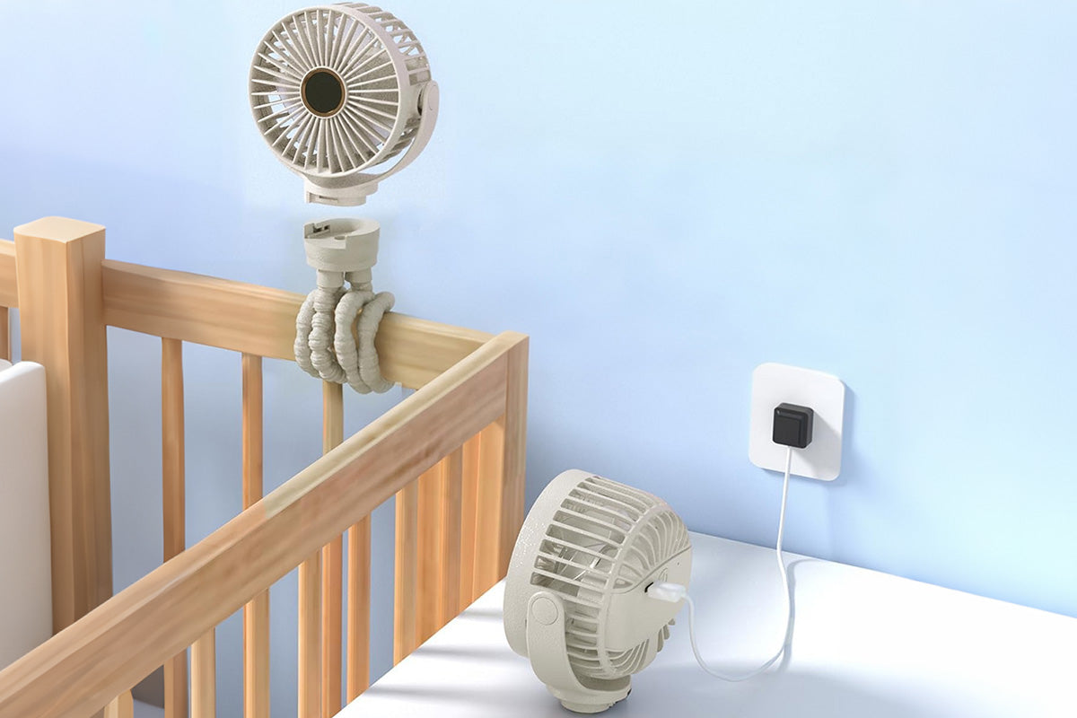 Portable Octopus Stroller Fan with Digital Display and 3 Speed Settings-Beige