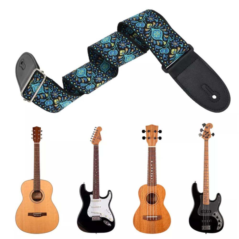 97-156cm Embroidered Acoustic Guitar Strap with 3 Picks- Blue