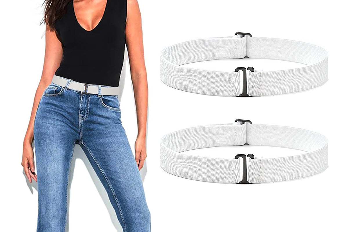 2Pcs Women Adjustable Stretch Belt Invisible Elastic Waistband for Pants Jeans Dresses-White