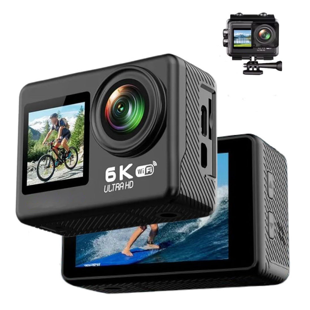 6K 30FPS Action Camera with Waterproof Case Dual Screens and EIS Stabilization