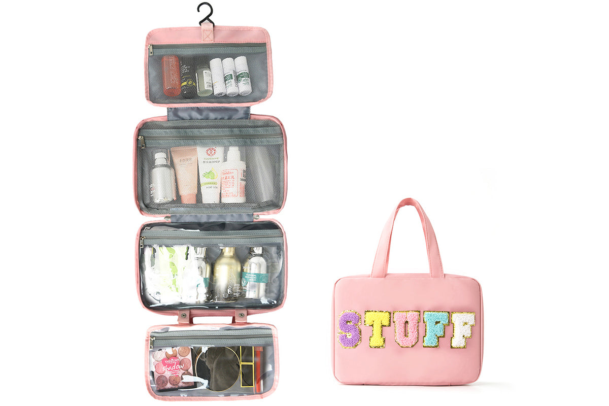 Travel Toiletry Bag Water-resistant with Hanging Hook for Makeup Cosmetic Shampoo -Pink