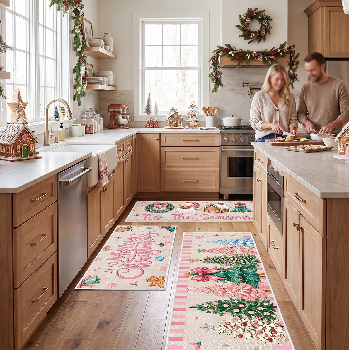 3 Piece Christmas Kitchen Floor Mat Set - Pink Christmas Tree