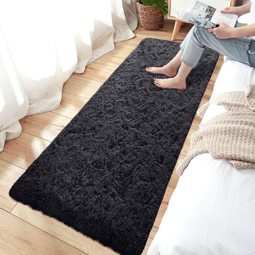 Non Slip Floor Mats Long Bedroom Rugs Fluffy Floor Mat Black