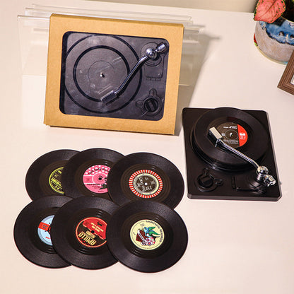 Retro Vinyl Record Coaster Set 6 Pcs with Record Player Stand Gift - Pink
