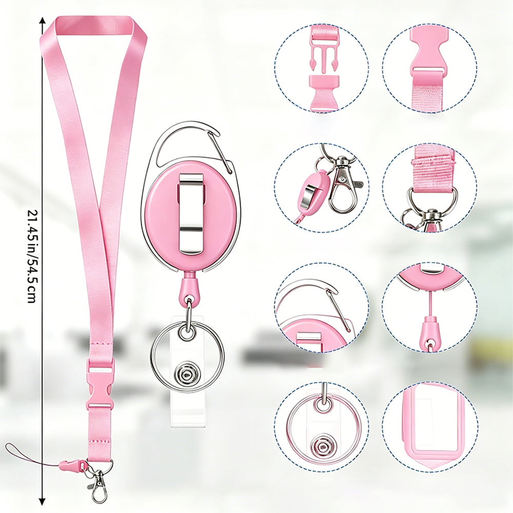 2Pcs Retractable Badge Holder with Lanyard for ID Cards-Pink