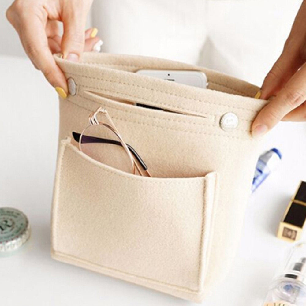 Women Organizer Bag Purse Insert Bag Felt Multi Pocket Travel Insert Organizer Handbag -Beige