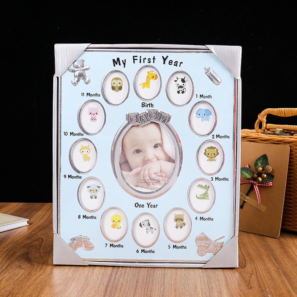 Baby's First Year Picture Photo Frame Newborn Baby Shower Gift Blue