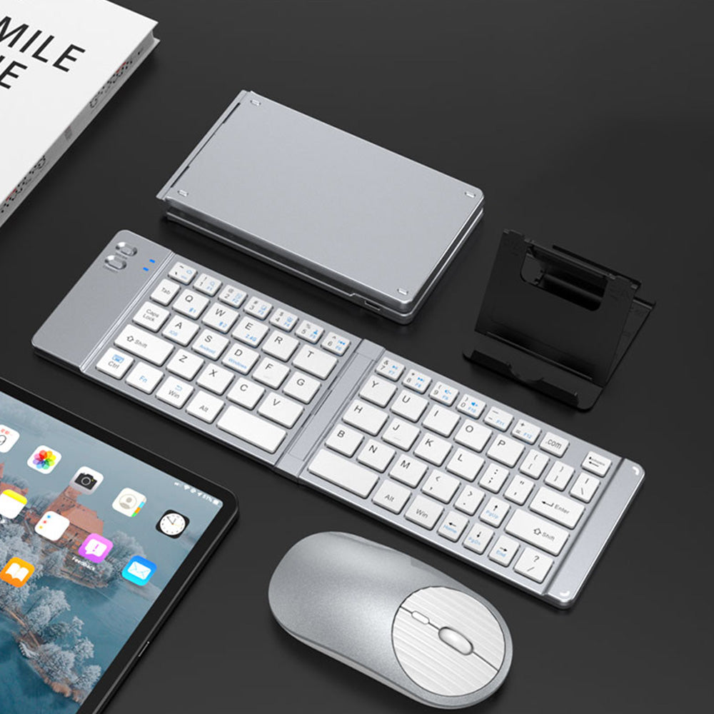 Foldable Wireless Keyboard Mouse Set Tri-Mode Bluetooth 2.4G Rechargeable - Silver