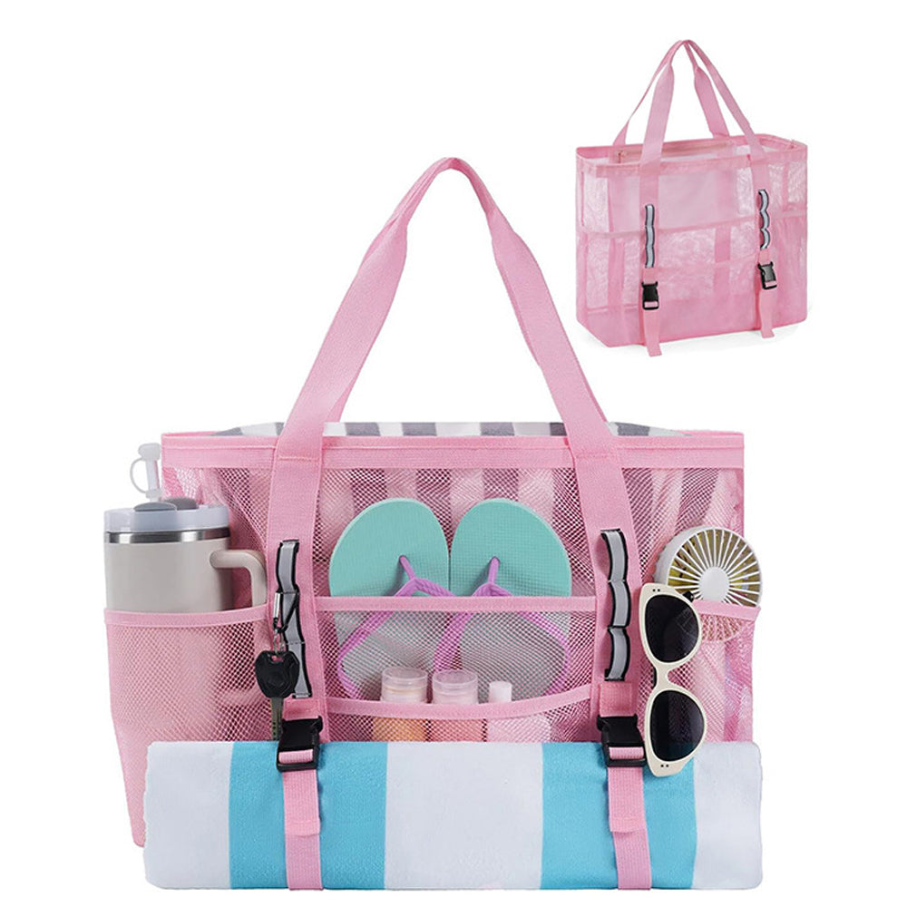 Mesh Beach Bag Large Capacity Tote Bag - Pink