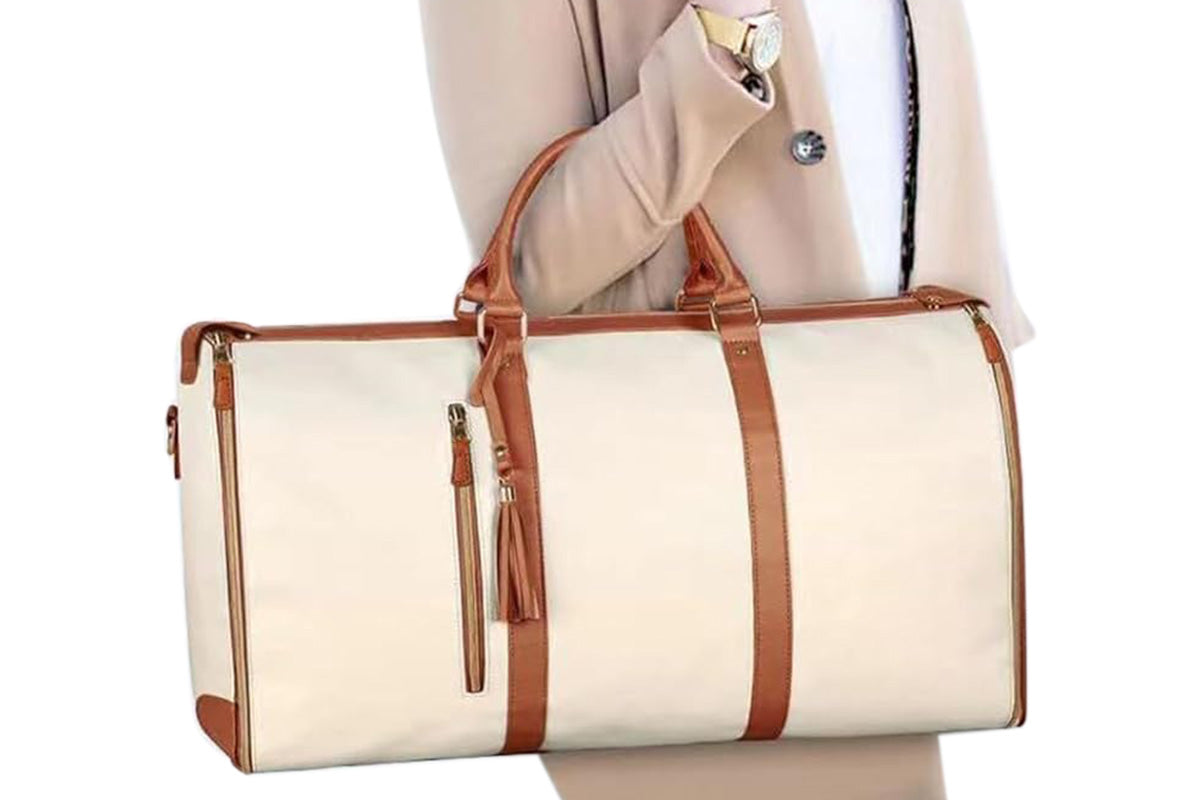 Water-Resistant Garment Duffle Bag Duffle Bag PU Leather Travel Bag -Beige