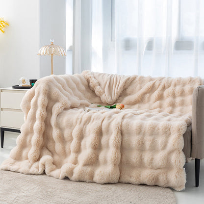 Soft Faux Fur Throw Blanket Decorative Cozy Blanket Reversible Puffy Winter Warm Blanket Beige