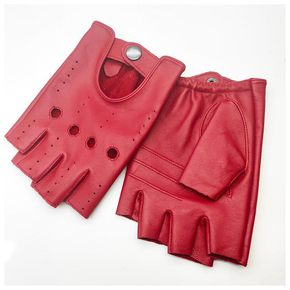 Mens Fingerless Leather Driving Gloves for Motorcycle Riding - Red