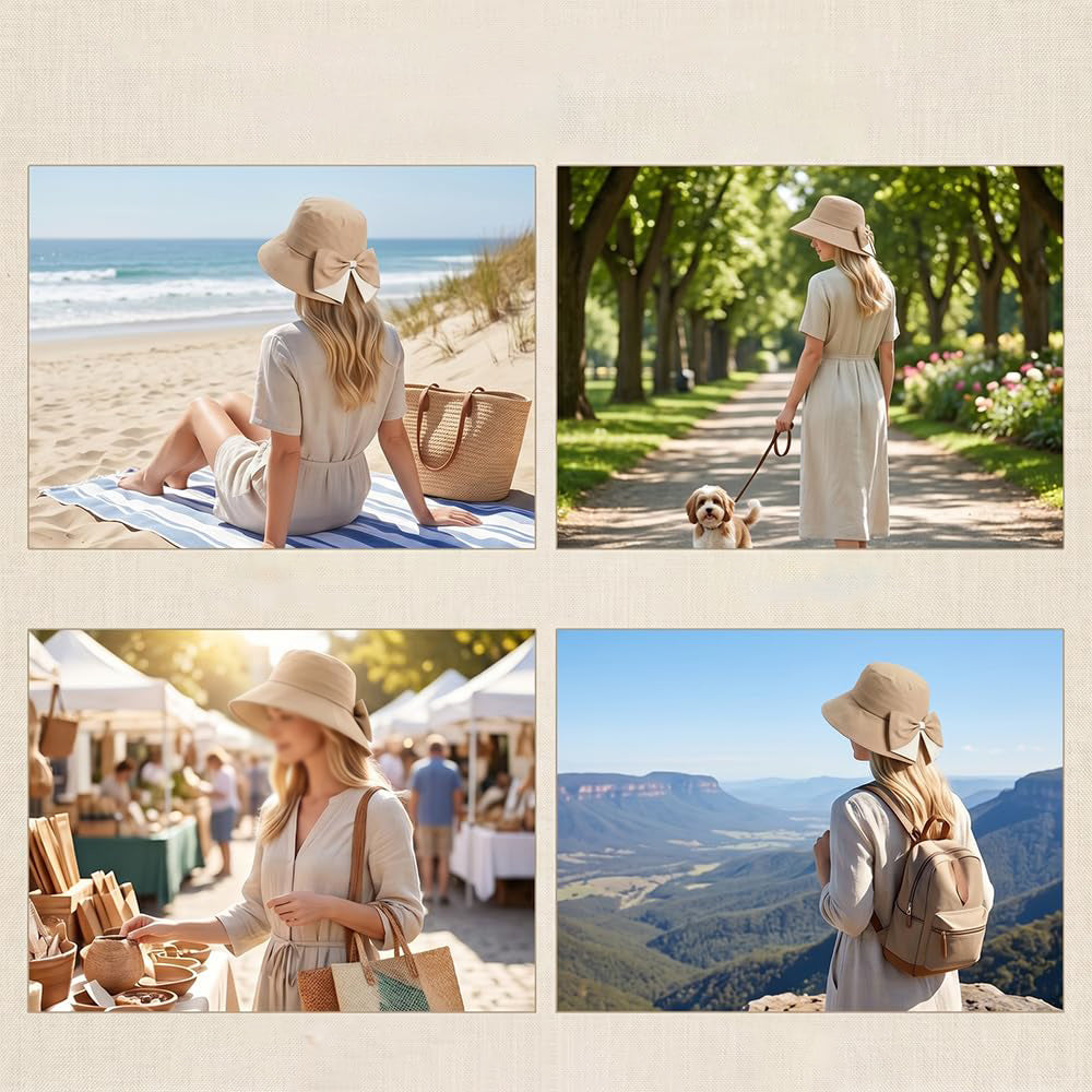 Wide Brim Bow Sun Hat Foldable Breathable Hat for Women - Khaki