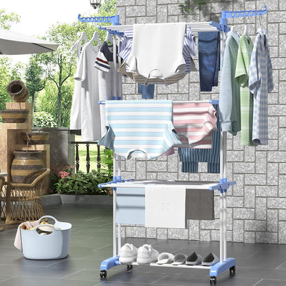 4-Tier Clothes Drying Rack Foldable Laundry Drying Rack with Wheels Blue