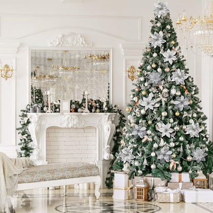 24Pcs Artificial Flowers Christmas Tree Ornaments for Wreath Fireplace Stairs Decor Silver