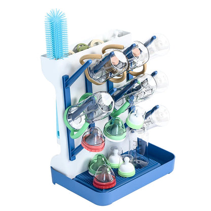 Detachable Bottle Drying Rack for 12 Bottles Space Saving Countertop Vertical Rack with Brushes Holder Blue