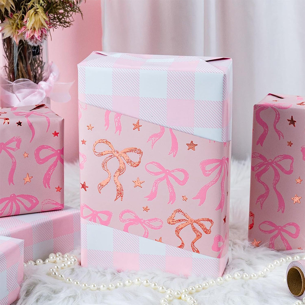 6 Sheet 70x50cm Coquette Bow Pattern Gift Wrapping Paper Set - Pink