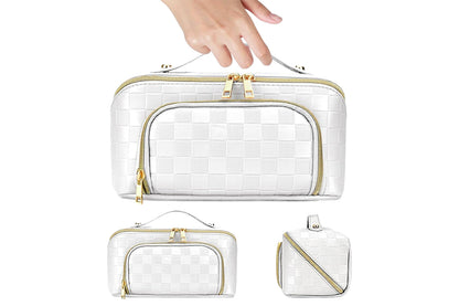 Large Capacity PU Leather Water-Resistant Checkered Cosmetic Bag Travel Makeup Bag-White