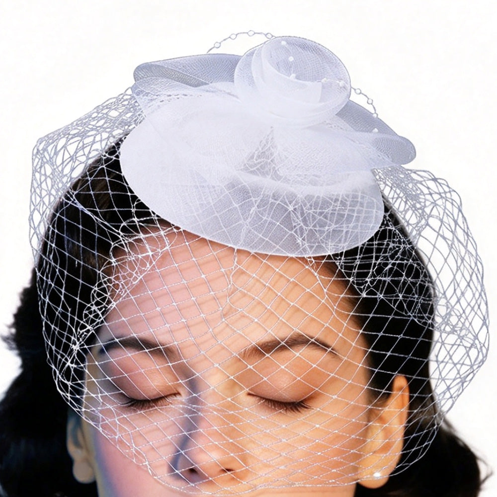 Vintage Mesh Rose Birdcage Veil Bridal Hair Headpiece - White