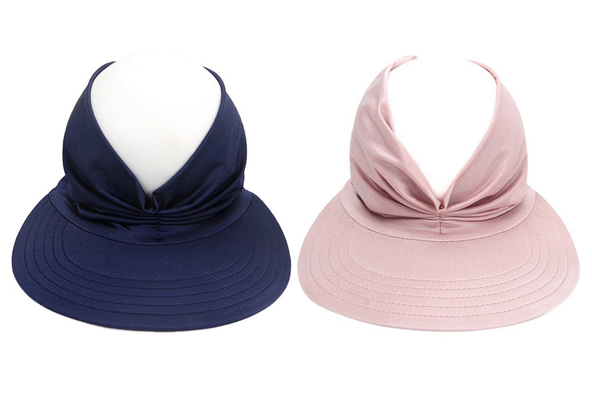 2Pcs Womens Elastic Beach Summer Sun Hats Wide Brim Visor UV Protection-Navy And Pink