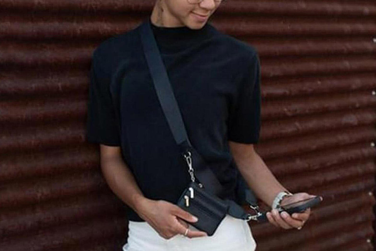 Phone Strap With Zippered Wallet Pouch Adjustable Phone Strap Crossbody Phone String-Black