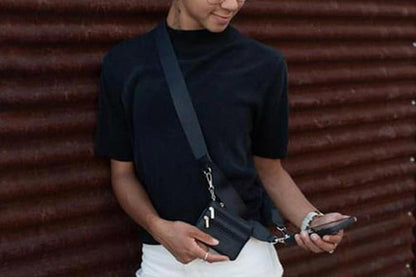Phone Strap With Zippered Wallet Pouch Adjustable Phone Strap Crossbody Phone String-Black