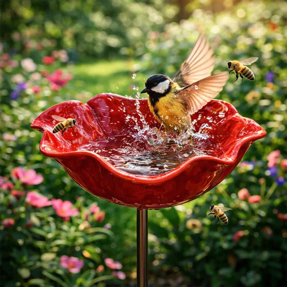 2Pcs Metal Flower Bird Bath Stake 31 Inch Outdoor Bird Feeder Tray for Garden