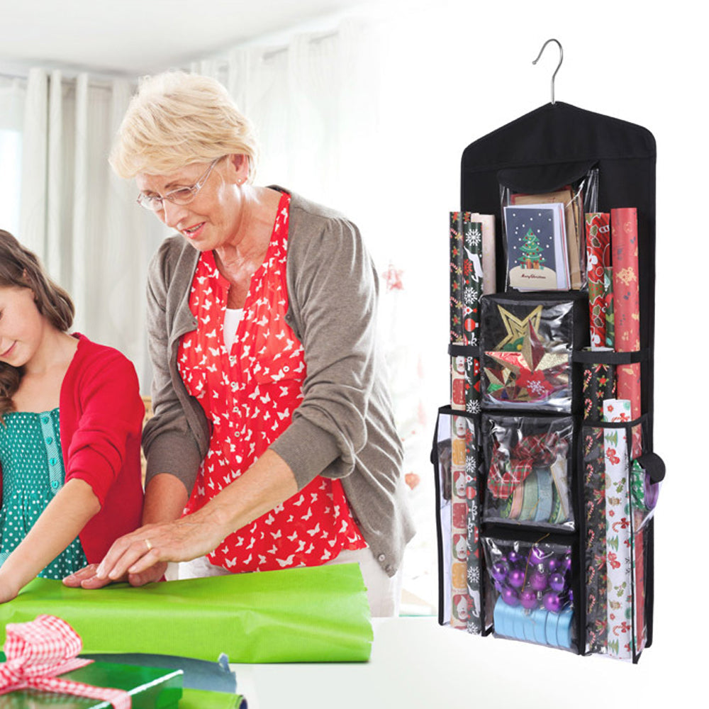 Double Sided Hanging Gift Wrap Organizer Wrapping Paper Bag Storage Black