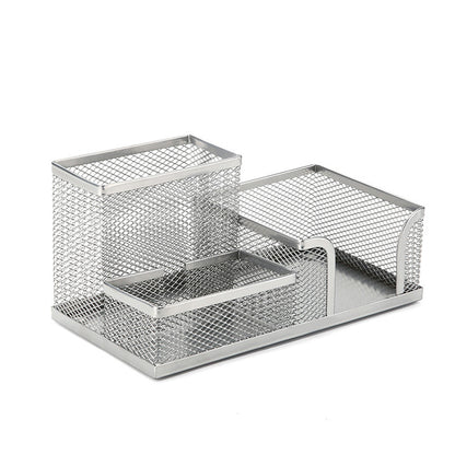 3 Compartment Mesh Pen Holder Desk Organizer Metal Office Supply Storage for Home School-Silver