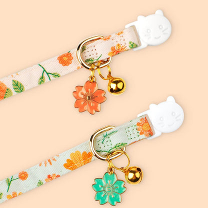 2 Piece Soft Cotton Adjustable Breakaway Cat Collars - Green and Orange