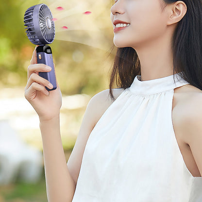 3-in-1 5 Speed USB Handheld Fan Mini Folding Digital Display Fan with Lanyard and Base Purple