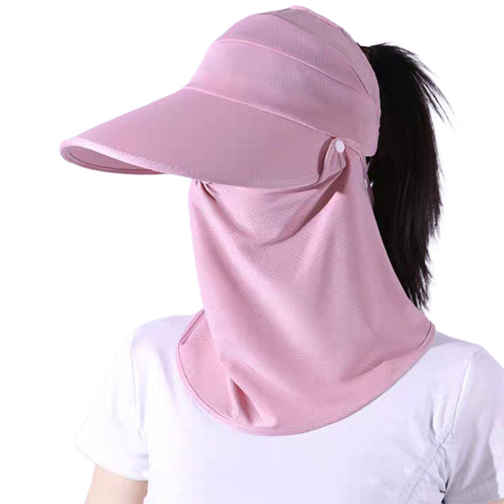 3 in 1 Ponytail Sun Hat with Detachable Face Cover and Chin Strap - Pink