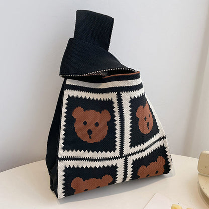 Hooking Tote Bag Small Cute Knot Wristlet Knitted Bag Knitted Wrist Purse Brown Bear