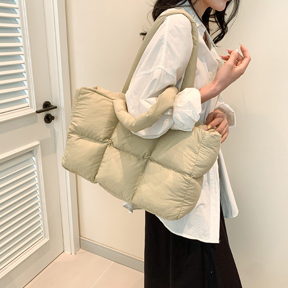 Puffer Tote Bag Large Quilted Puffy Handbag Lightweight Satchel Purse Khaki