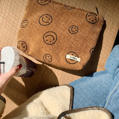 Corduroy Makeup Bag Cute Smile Dots Face Case Handbag with Zipper for Women Brown