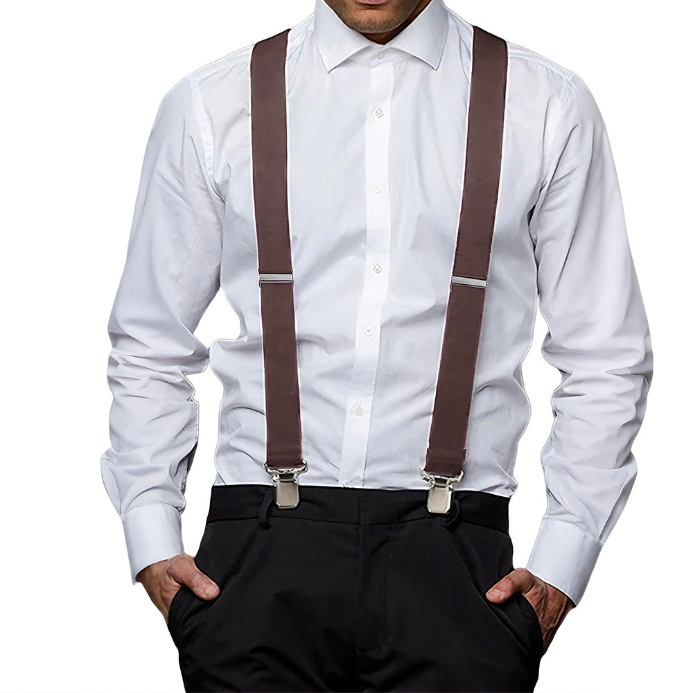Mens X Back Elastic Suspenders with 4 Metal Clips - Coffee