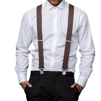 Mens X Back Elastic Suspenders with 4 Metal Clips - Coffee